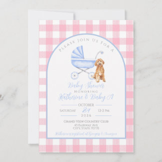 Welpen-Mädchen-Baby-Party Gingham-Einladung Rosa Einladung