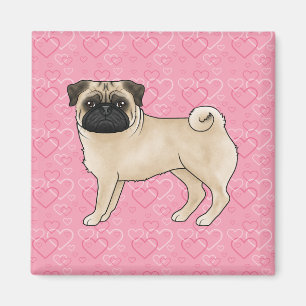Welpen-Mops-Hund-Cartoon wischt rosa Liebesherzmus Magnet
