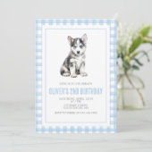 Welpen-Preppy-Karo-Geburtstag Einladung (Stehend Vorderseite)