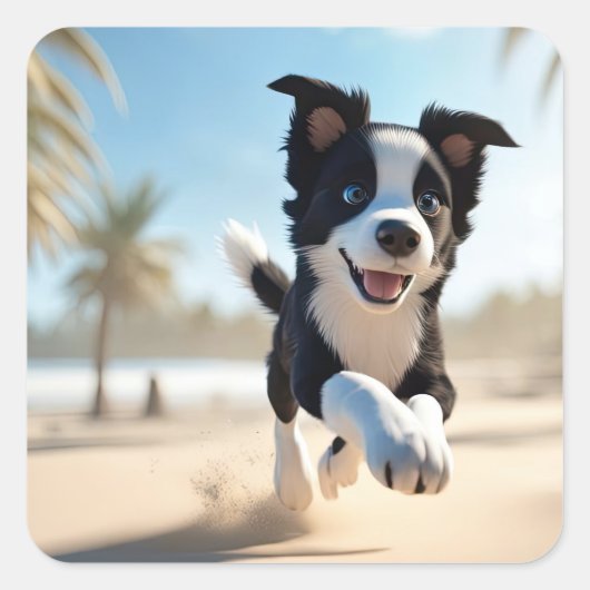 Welpen spielen am Strand Quadratischer Aufkleber (Vorderseite)