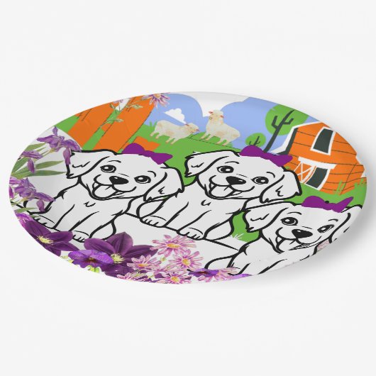 Welpen und Blume Pappteller (Schrägansicht)