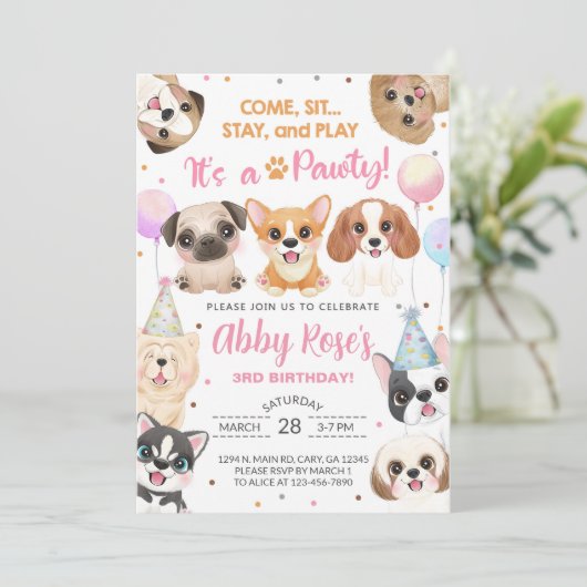 Welpen, Welpen, pawty girl - Einladung zum Geburts (Stehend Vorderseite)