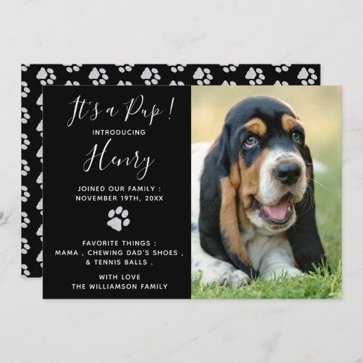 Welpenankündigung - Schwarz Elegant Modernes neues Einladung (Vorne/Hinten)