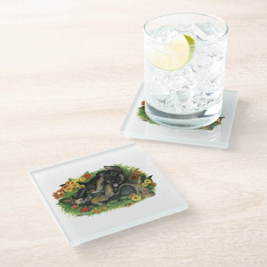 Welpengarten Glasuntersetzer (Schrägansicht)