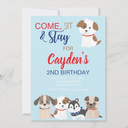 Welpengeburtstagsfeier Einladung Blue Red (Vorderseite)