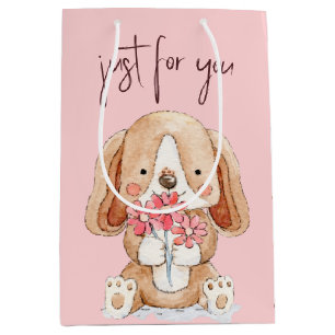 Welpenhund mit Blumen Mittlere Geschenktüte