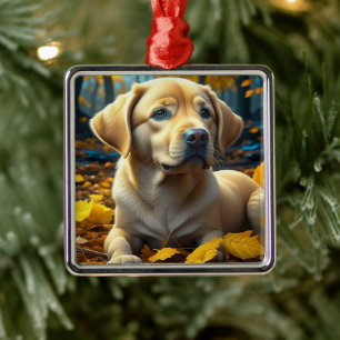 Welpenhund spielt in Herbstlaub   Ornament Aus Metall