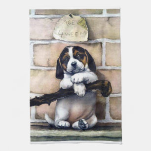 Welpenhund zum Verkauf süße Vintage-Illustration Geschirrtuch