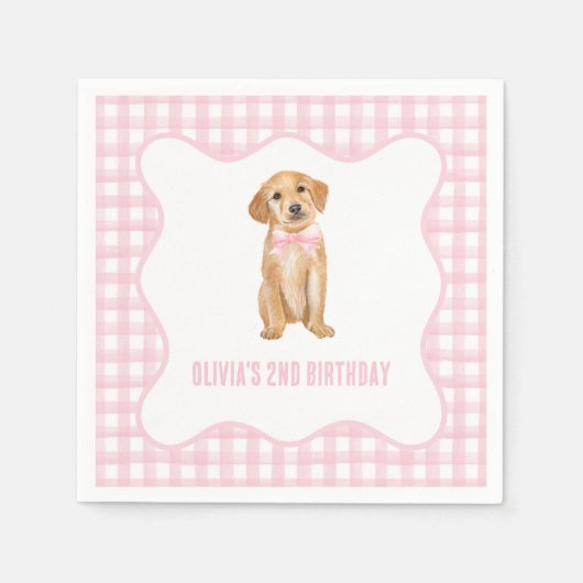 Welpenpink karierter Geburtstag Serviette (Vorderseite)