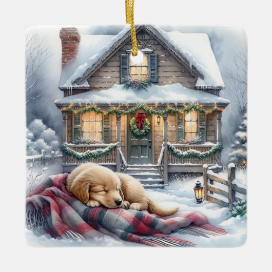 Welpenschlafen auf festlicher Front Porsche Weihna Keramikornament (Vorderseite)