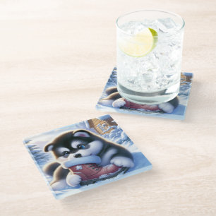 Welpenspiel mit schneebedecktem Winterboot Glasuntersetzer