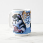 Welpenspiel mit schneebedecktem Winterboot Kaffeetasse (Vorderseite Links)