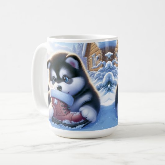 Welpenspiel mit schneebedecktem Winterboot Kaffeetasse (Vorderseite Links)