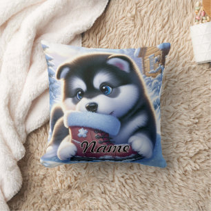 Welpenspiel mit schneebedecktem Winterboot Kissen