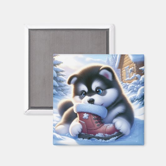 Welpenspiel mit schneebedecktem Winterboot Magnet (Vorderseite/Rückseite)