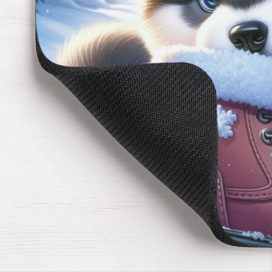 Welpenspiel mit schneebedecktem Winterboot Mousepad (Ecke)