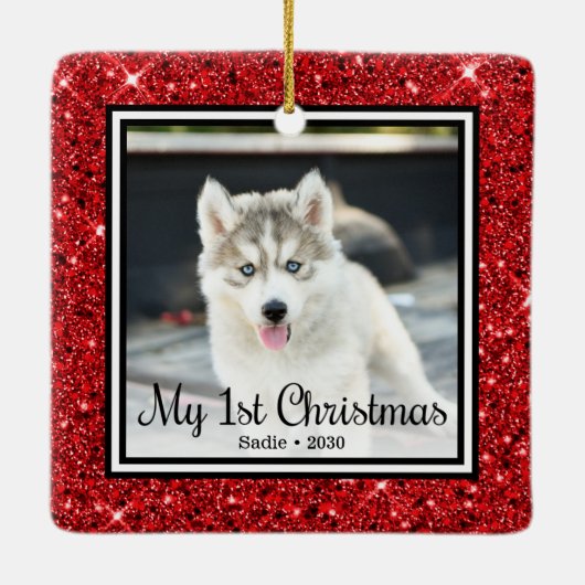 Welpe's 1. Weihnachten 2 Foto Keramikornament (Rückseite)