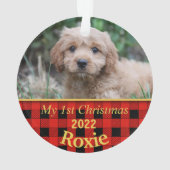 Welpe's First Christmas Black & Red Karo Ornament (Rückseite)