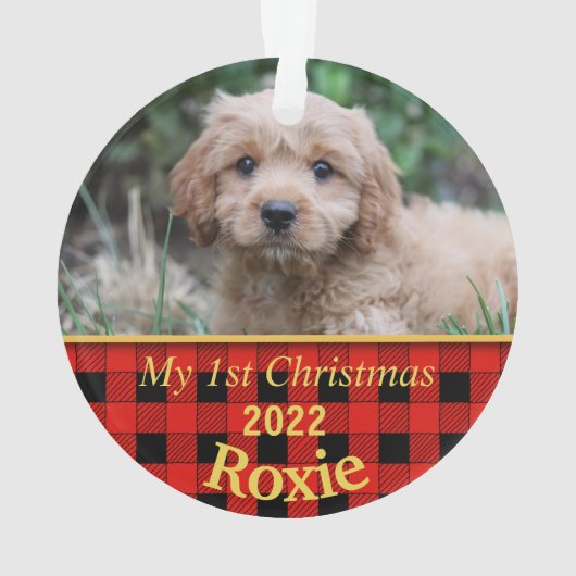 Welpe's First Christmas Black & Red Karo Ornament (Rückseite)