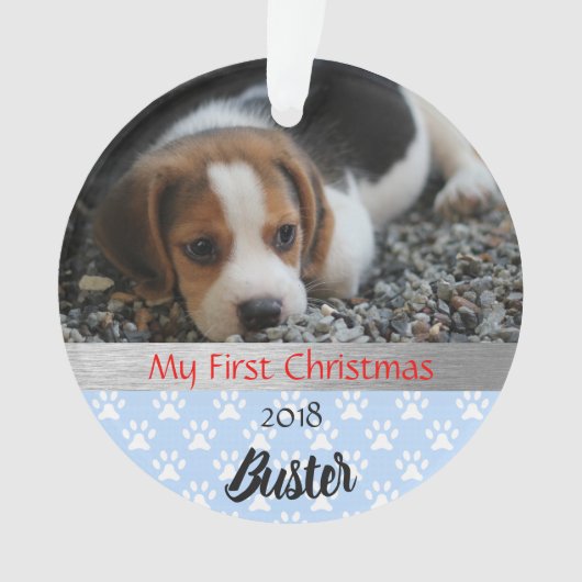 Welpe's First Christmas Foto Ornament (Vorderseite)