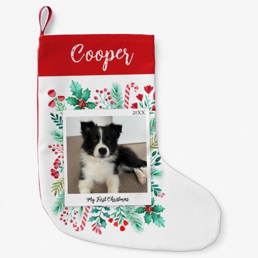 Welpe's First Christmas Foto und Name Kleiner Weihnachtsstrumpf (Vorderseite)