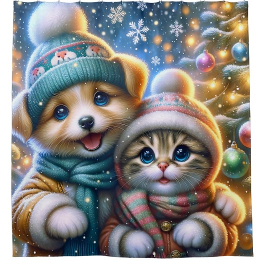 "Welppy and Kitten's First Christmas Snowfall" Duschvorhang (Vorderseite)