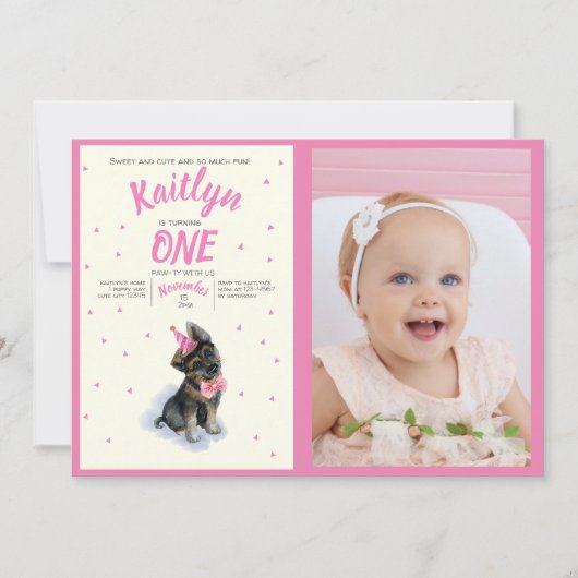 Welppy 🐶 German Shepherd Pink Birthday Foto Einladung (Vorderseite)
