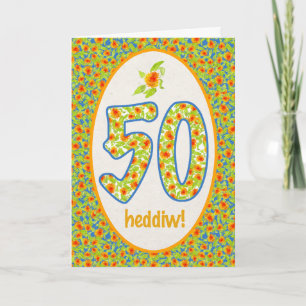 Welsh 50. Geburtstagskarte, Orange Pot Marigolds Karte