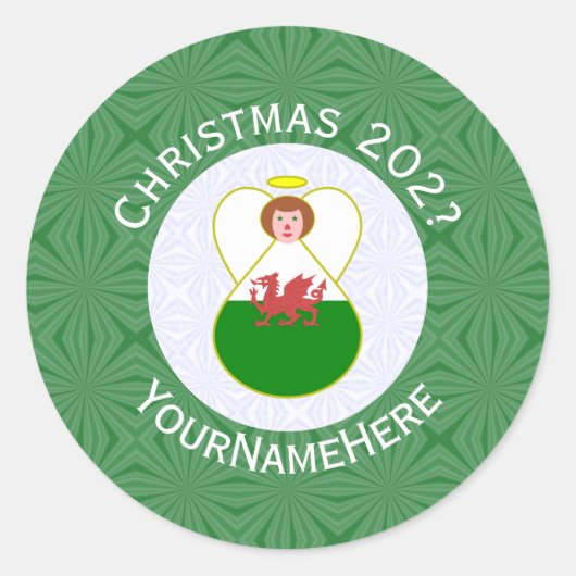 Welsh Angel Christmas Flag Personalisiert Runder Aufkleber (Vorderseite)