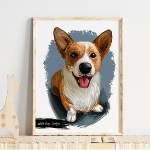Welsh Cardigan Corgi Dog Portrait Wall Print Poster