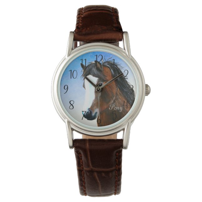 Welsh Cob Pony Watercolor Wildlife Watch Armbanduhr (Vorderseite)