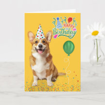 Welsh Corgi Dog in a Party Hat on Yellow Birthday