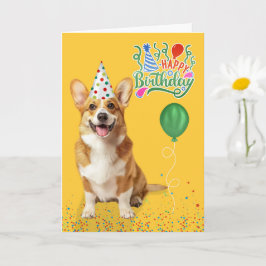 Welsh Corgi Dog in a Party Hat on Yellow Birthday Karte