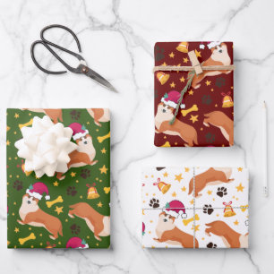Welsh Corgi Hund mit Weihnachtsmannmütze Weihnacht Geschenkpapier Set