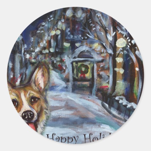 Welsh Corgi Xmas Wintry-Szene Runder Aufkleber (Vorderseite)