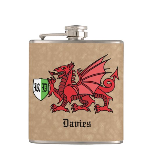 Welsh Dragon Individuelle Name und Monogram Flachmann (Vorderseite)