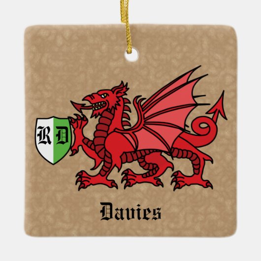 Welsh Dragon Individuelle Name und Monogram Keramikornament (Vorderseite)