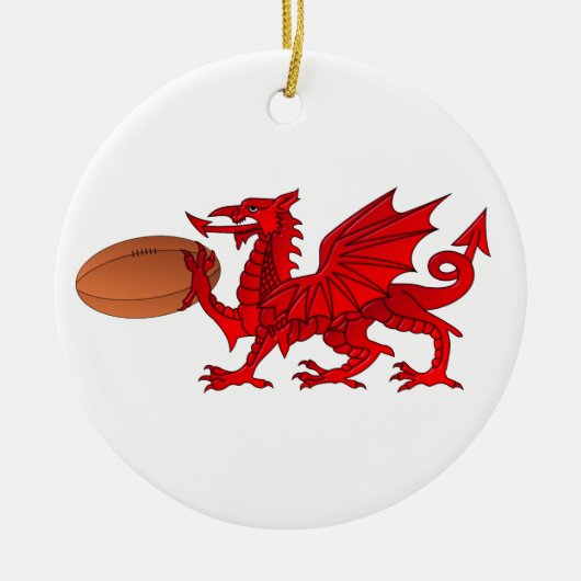 Welsh Dragon mit Rugby Ball Keramik Ornament (Vorne)