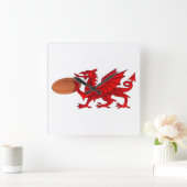 Welsh Dragon With a Rugby Ball Wall Clock Quadratische Wanduhr (Zuhause)