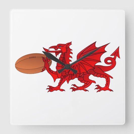 Welsh Dragon With a Rugby Ball Wall Clock Quadratische Wanduhr (Vorderseite)