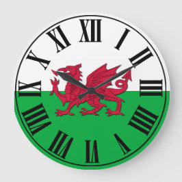 Welsh Flag - Green and White backed, Red Dragon Große Wanduhr