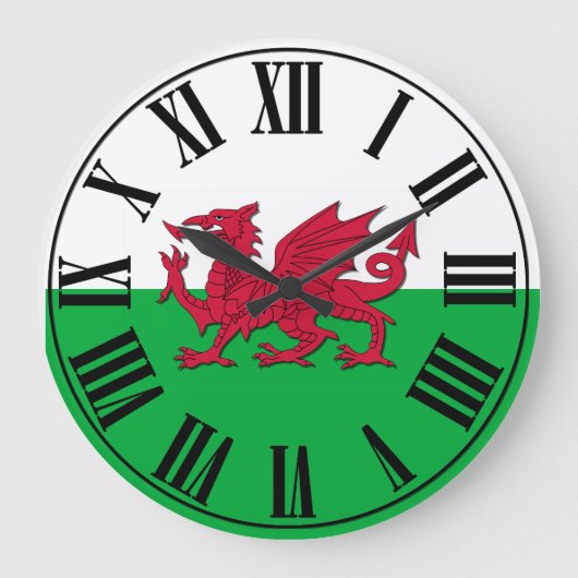 Welsh Flag - Green and White backed, Red Dragon Große Wanduhr (Vorderseite)