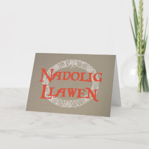 Welsh Language White Christmas Wreath Red Burlap Feiertagskarte