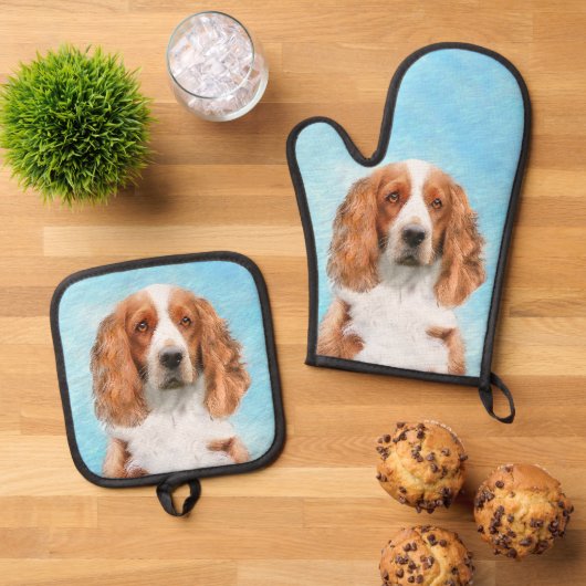 Welsh Springer Spaniel Malerei Original Dog Art Ofenhandschuh & Topflappen-Set (Oben Unten)