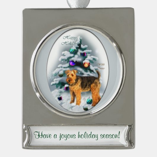 Welsh Terrier Personalisiert Weihnachten Banner-Ornament Silber (Vorderseite)