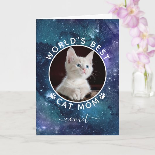 Weltbeste Cat Mama Space Foto Muttertagskarte Karte (Orchidee)