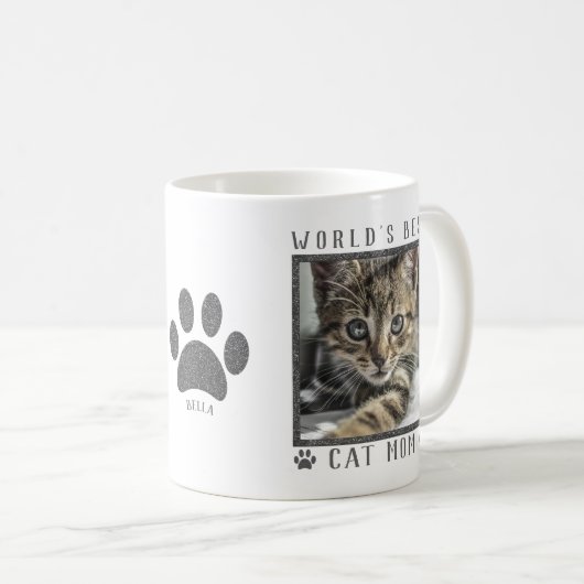 Weltbeste KatzenMama Silberner Glitzer Pads Foto Kaffeetasse (VorderseiteRechts)