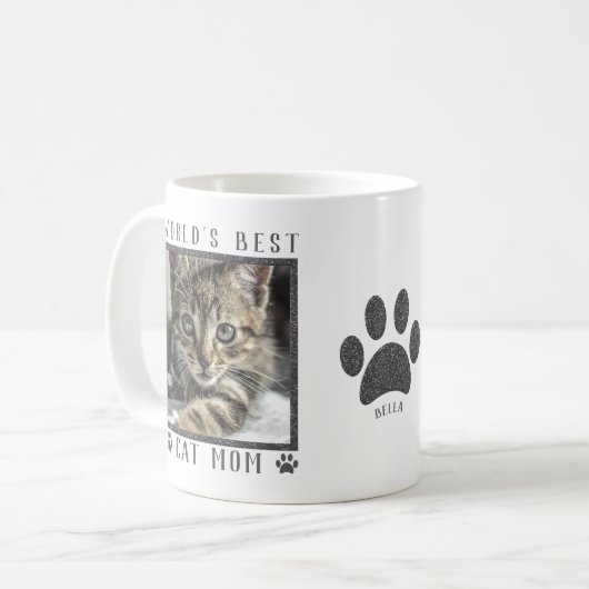 Weltbeste KatzenMama Silberner Glitzer Pads Foto Kaffeetasse (Vorderseite Links)
