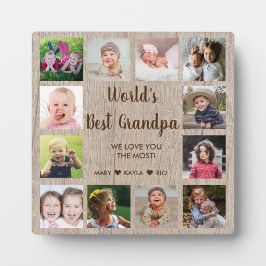 Weltbeste Opa 12 FotoCollage Rustikales Holz Fotoplatte (Vorderseite)