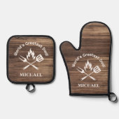 weltbester Papa, personalisierter rustikaler Holzg Ofenhandschuh & Topflappen-Set (Vorderseite)